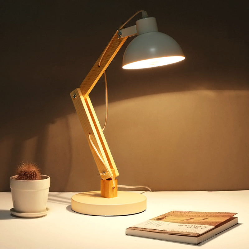 Domed Study Room Reading Light Loft Style Metal 1 Light Black/White Adjustable Desk Lamp with Wood Arm Clearhalo 'Desk Lamps' 'Lamps' Lighting' 616337