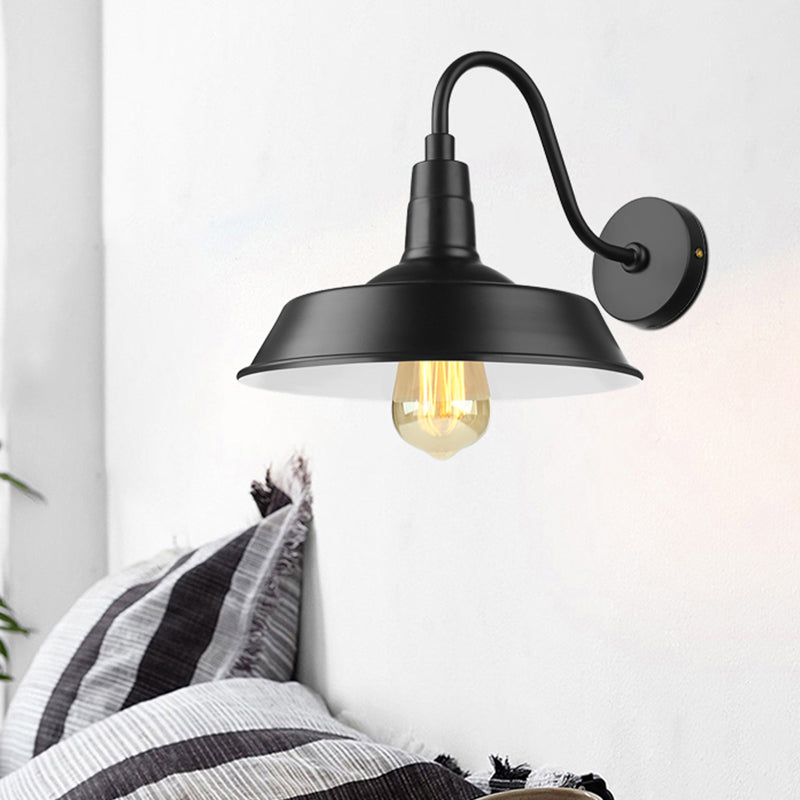 Black/White Barn Wall Sconce Lighting Industrial 1 Light Dining Room Wall Mount Light with Gooseneck Arm, 10"/14" Width Clearhalo 'Art deco wall lights' 'Cast Iron' 'Glass' 'Industrial wall lights' 'Industrial' 'Middle century wall lights' 'Modern' 'Rustic wall lights' 'Tiffany' 'Traditional wall lights' 'Wall Lamps & Sconces' 'Wall Lights' Lighting' 616476