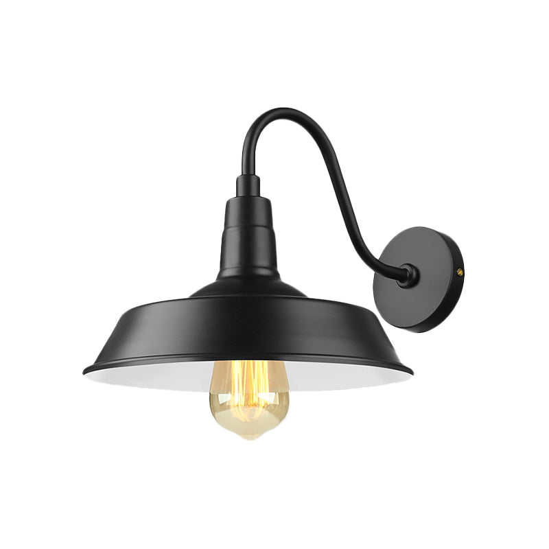 Black/White Barn Wall Sconce Lighting Industrial 1 Light Dining Room Wall Mount Light with Gooseneck Arm, 10"/14" Width Clearhalo 'Art deco wall lights' 'Cast Iron' 'Glass' 'Industrial wall lights' 'Industrial' 'Middle century wall lights' 'Modern' 'Rustic wall lights' 'Tiffany' 'Traditional wall lights' 'Wall Lamps & Sconces' 'Wall Lights' Lighting' 616477
