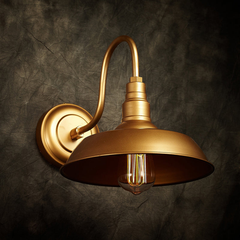 Black/White Barn Wall Sconce Lighting Industrial 1 Light Dining Room Wall Mount Light with Gooseneck Arm, 10"/14" Width Gold Clearhalo 'Art deco wall lights' 'Cast Iron' 'Glass' 'Industrial wall lights' 'Industrial' 'Middle century wall lights' 'Modern' 'Rustic wall lights' 'Tiffany' 'Traditional wall lights' 'Wall Lamps & Sconces' 'Wall Lights' Lighting' 616480