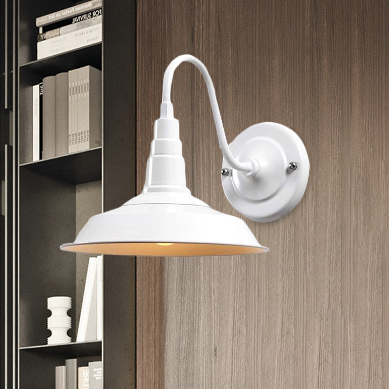 Black/White Barn Wall Sconce Lighting Industrial 1 Light Dining Room Wall Mount Light with Gooseneck Arm, 10"/14" Width Clearhalo 'Art deco wall lights' 'Cast Iron' 'Glass' 'Industrial wall lights' 'Industrial' 'Middle century wall lights' 'Modern' 'Rustic wall lights' 'Tiffany' 'Traditional wall lights' 'Wall Lamps & Sconces' 'Wall Lights' Lighting' 616485