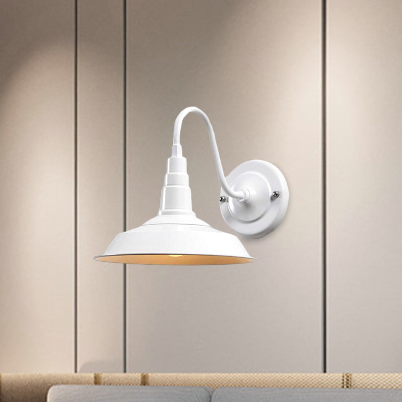 Black/White Barn Wall Sconce Lighting Industrial 1 Light Dining Room Wall Mount Light with Gooseneck Arm, 10"/14" Width Clearhalo 'Art deco wall lights' 'Cast Iron' 'Glass' 'Industrial wall lights' 'Industrial' 'Middle century wall lights' 'Modern' 'Rustic wall lights' 'Tiffany' 'Traditional wall lights' 'Wall Lamps & Sconces' 'Wall Lights' Lighting' 616486