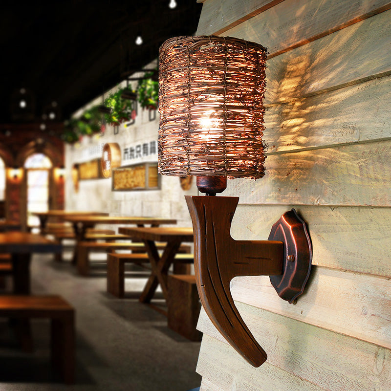 Hand-Woven Rattan Wall Light Fixture Lodge Style 1-Head Brown Sconce Lighting for Bedside, A/B Clearhalo 'Wall Lamps & Sconces' 'Wall Lights' Lighting' 616649