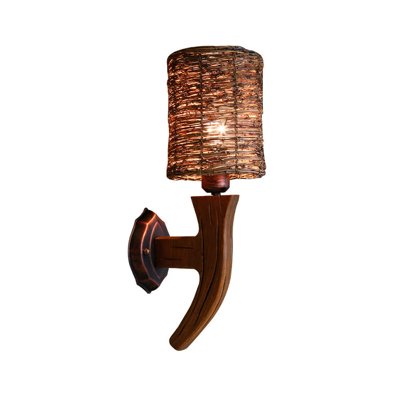 Hand-Woven Rattan Wall Light Fixture Lodge Style 1-Head Brown Sconce Lighting for Bedside, A/B Clearhalo 'Wall Lamps & Sconces' 'Wall Lights' Lighting' 616650