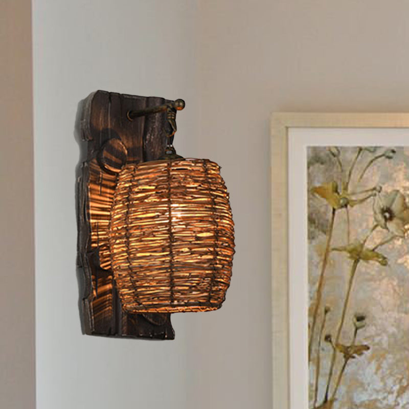 Hand-Woven Rattan Wall Light Fixture Lodge Style 1-Head Brown Sconce Lighting for Bedside, A/B Clearhalo 'Wall Lamps & Sconces' 'Wall Lights' Lighting' 616653