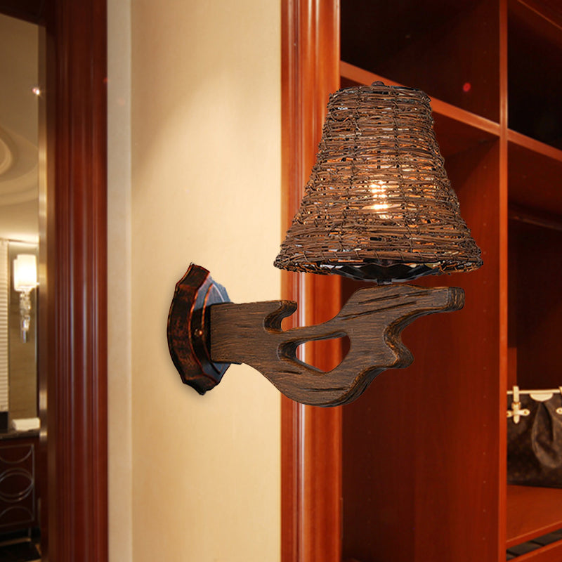 Hand-Woven Rattan Wall Light Fixture Lodge Style 1-Head Brown Sconce Lighting for Bedside, A/B Clearhalo 'Wall Lamps & Sconces' 'Wall Lights' Lighting' 616659