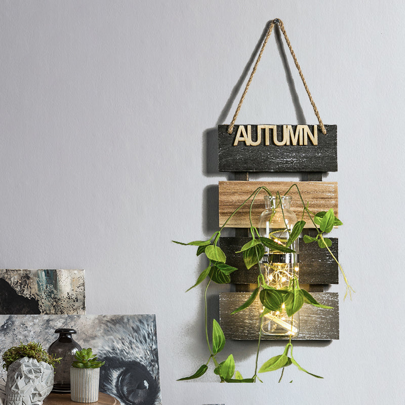 Dark Green/Light Green/Yellow Plant Wall Light Rustic String Light with Wooden Backplate Clearhalo 'Wall Lamps & Sconces' 'Wall Lights' Lighting' 616717