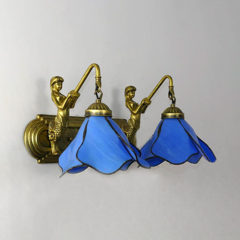 2 Lights Floral Sconce Lighting Tiffany Pink/Blue/Clear Glass Wall Mounted Light with Mermaid Backplate Clearhalo 'Industrial' 'Middle century wall lights' 'Tiffany wall lights' 'Tiffany' 'Wall Lamps & Sconces' 'Wall Lights' Lighting' 61678