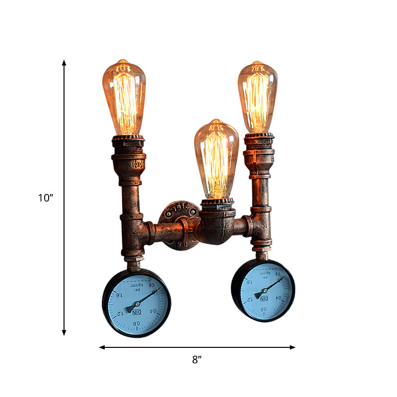3 Lights Open Bulb Wall Lamp with Gauge/Valve Decoration Industrial Style Bronze Metal Wall Mount Light over Table Clearhalo 'Art deco wall lights' 'Cast Iron' 'Glass' 'Industrial wall lights' 'Industrial' 'Middle century wall lights' 'Modern' 'Rustic wall lights' 'Tiffany' 'Traditional wall lights' 'Wall Lamps & Sconces' 'Wall Lights' Lighting' 616871