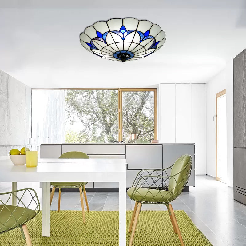 Magnolia Flush Ceiling Light Tiffany Loft Stained Glass Flush Mount Light in Yellow/Blue/Clear/Light Green/Light Yellow/Purplish Blue/Dark Green for Bedroom Blue Clearhalo 'Ceiling Lights' 'Close To Ceiling Lights' 'Close to ceiling' 'Flush mount' Lighting' 62119