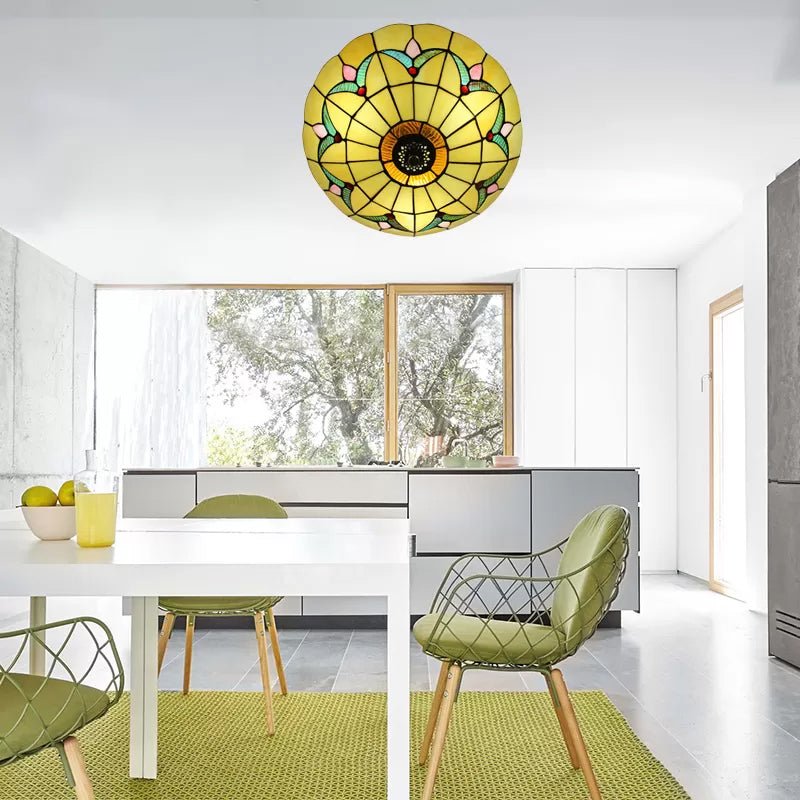 Magnolia Flush Ceiling Light Tiffany Loft Stained Glass Flush Mount Light in Yellow/Blue/Clear/Light Green/Light Yellow/Purplish Blue/Dark Green for Bedroom Light Yellow Clearhalo 'Ceiling Lights' 'Close To Ceiling Lights' 'Close to ceiling' 'Flush mount' Lighting' 62122