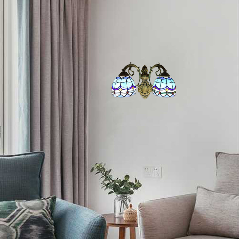 8.5"/11" High Dome-Shaped Wall Mount Light Tiffany Style Stained Glass 2 Lights Wall Sconce Light Fixture in Blue Blue 11" Clearhalo 'Industrial' 'Middle century wall lights' 'Tiffany wall lights' 'Tiffany' 'Wall Lamps & Sconces' 'Wall Lights' Lighting' 62301