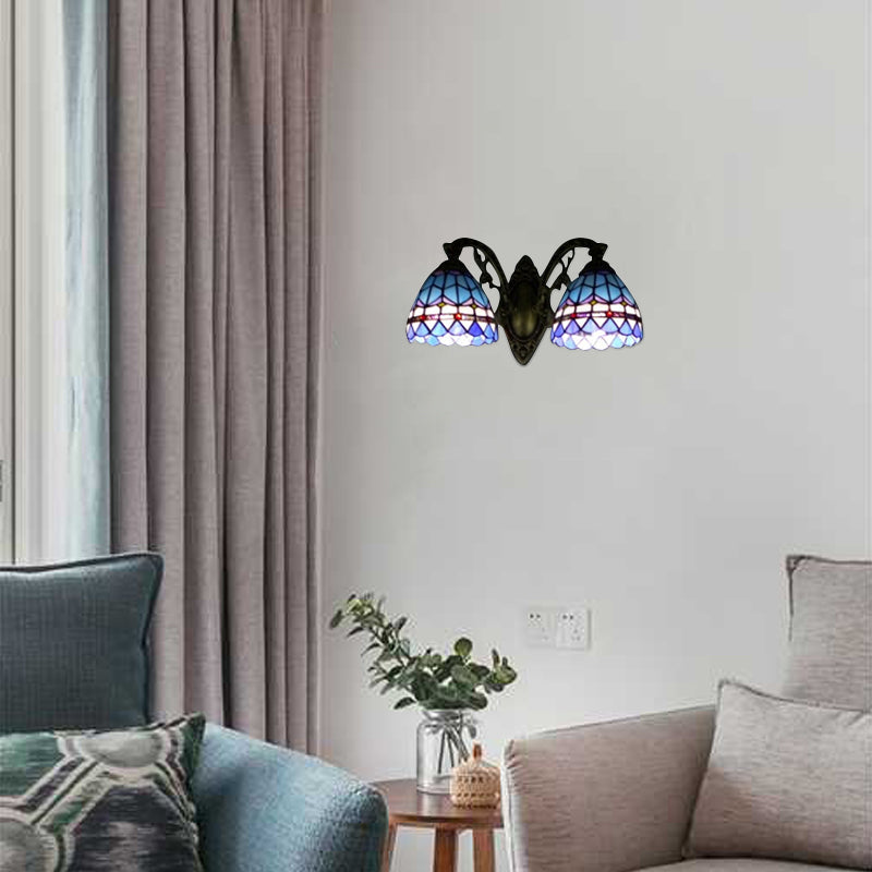 8.5"/11" High Dome-Shaped Wall Mount Light Tiffany Style Stained Glass 2 Lights Wall Sconce Light Fixture in Blue Blue 8.5" Clearhalo 'Industrial' 'Middle century wall lights' 'Tiffany wall lights' 'Tiffany' 'Wall Lamps & Sconces' 'Wall Lights' Lighting' 62304