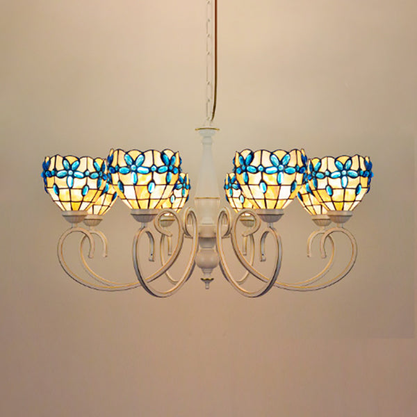 3/6/8 Lights Lodge Domed Hanging Pendant Stained Glass Inverted Chandelier with Floral Jewel Pattern in Beige Clearhalo 'Ceiling Lights' 'Chandeliers' 'Close To Ceiling Lights' 'Industrial' 'Middle Century Chandeliers' 'Tiffany Chandeliers' 'Tiffany close to ceiling' 'Tiffany' Lighting' 63535