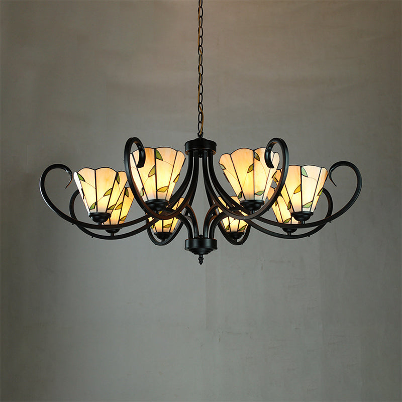 Beige Cone-Shaped Suspension Light Retro Style Stained Glass Leaf Pattern Chandelier for Bedroom Lighting 8 Beige Clearhalo 'Ceiling Lights' 'Chandeliers' 'Close To Ceiling Lights' 'Industrial' 'Middle Century Chandeliers' 'Tiffany Chandeliers' 'Tiffany close to ceiling' 'Tiffany' Lighting' 64007