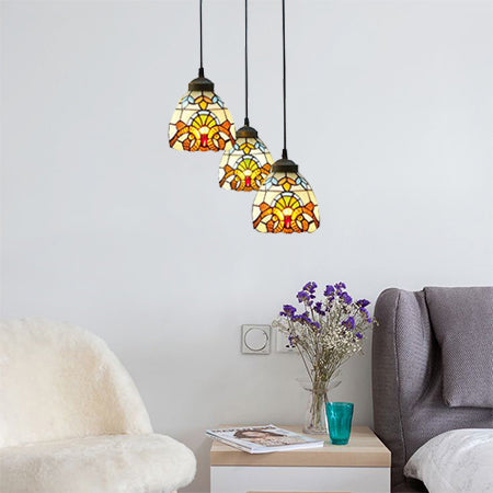 Victorian Domed Multi Light Pendants Stained Glass 3 Lights Hanging Pendant in White for Dining Room White Round Clearhalo 'Ceiling Lights' 'Industrial' 'Middle Century Pendants' 'Pendant Lights' 'Pendants' 'Tiffany close to ceiling' 'Tiffany Pendants' 'Tiffany' Lighting' 64163