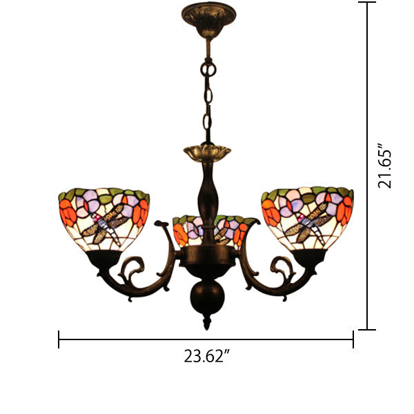 Bowl Chandelier Lamp Retro Stained Glass 3-Light Ceiling Pendant Chandelier with Dragonfly and Flower Pattern in Black Clearhalo 'Ceiling Lights' 'Chandeliers' 'Industrial' 'Middle Century Chandeliers' 'Pendant Lights' 'Tiffany Chandeliers' 'Tiffany close to ceiling' 'Tiffany' Lighting' 65368