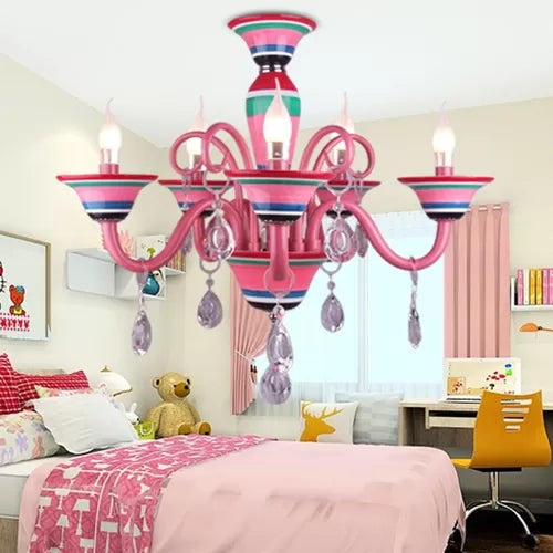 Candle Shaped Hanging Light with Teardrop Crystal Kids Metal Pendant Light in Pink for Girls Room Clearhalo 'Ceiling Lights' 'Chandeliers' Lighting' options 67410