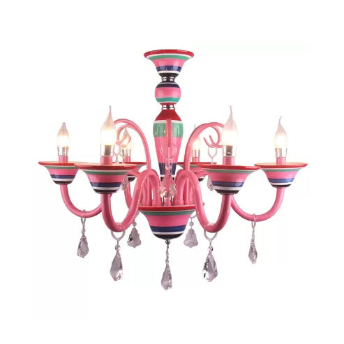 Candle Shaped Hanging Light with Teardrop Crystal Kids Metal Pendant Light in Pink for Girls Room Clearhalo 'Ceiling Lights' 'Chandeliers' Lighting' options 67412