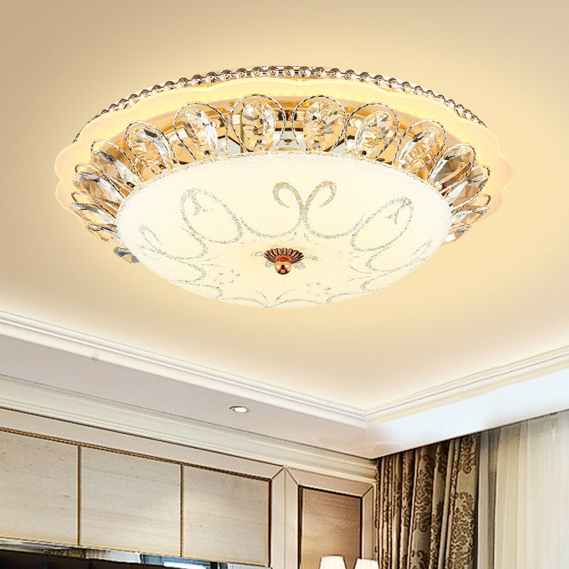 White Glass Bowl Ceiling Lamp Modern LED Flush Mount Light Fixture with K9 Crystal Accent, 12"/16"/19.5" Wide White Clearhalo 'Ceiling Lights' 'Close To Ceiling Lights' 'Close to ceiling' 'Flush mount' Lighting' 678280