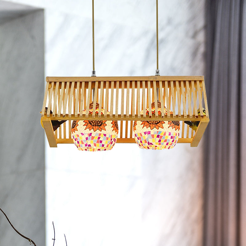 Roof Shaped Hanging Pendant Light Modern Style Wood 1/2-Head Beige Hanging Light Fixture, 16"/19.5" W Clearhalo 'Ceiling Lights' 'Island Lights' Lighting' 678947