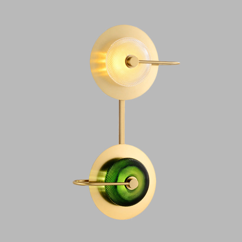 Doughnut Bedside Sconce Light Clear and Green Lattice Glass LED Modernist Wall Lamp in Brass with 2-Disk Detail Clearhalo 'Cast Iron' 'Glass' 'Industrial' 'Modern wall lights' 'Modern' 'Tiffany' 'Traditional wall lights' 'Wall Lamps & Sconces' 'Wall Lights' Lighting' 679002
