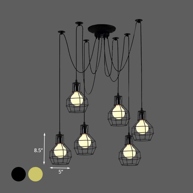 6 Bulbs Spider Pendant Hanging Light with Wire Guard Industrial Style Black/Gold Iron Ceiling Lamp for Dining Room Clearhalo 'Art Deco Pendants' 'Black' 'Cast Iron' 'Ceiling Lights' 'Ceramic' 'Crystal' 'Industrial Pendants' 'Industrial' 'Metal' 'Middle Century Pendants' 'Pendant Lights' 'Pendants' 'Rustic Pendants' 'Tiffany' Lighting' 679016