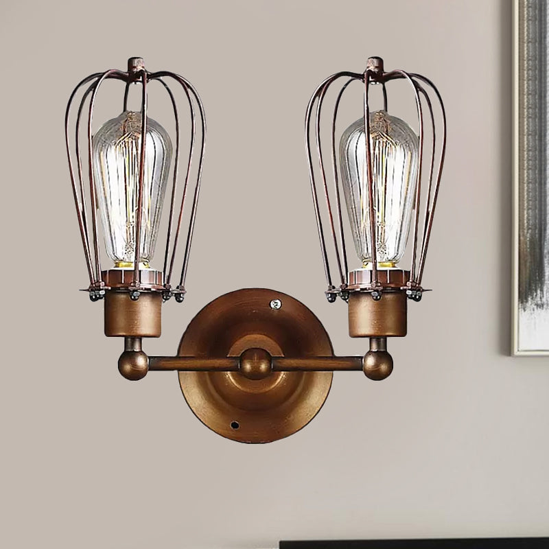 Industrial Style Caged Wall Sconce Lighting with Bulb Shade 2 Lights Metal Mini Wall Light in Copper/Aged Silver Clearhalo 'Art deco wall lights' 'Cast Iron' 'Glass' 'Industrial wall lights' 'Industrial' 'Middle century wall lights' 'Modern' 'Rustic wall lights' 'Tiffany' 'Traditional wall lights' 'Wall Lamps & Sconces' 'Wall Lights' Lighting' 679080
