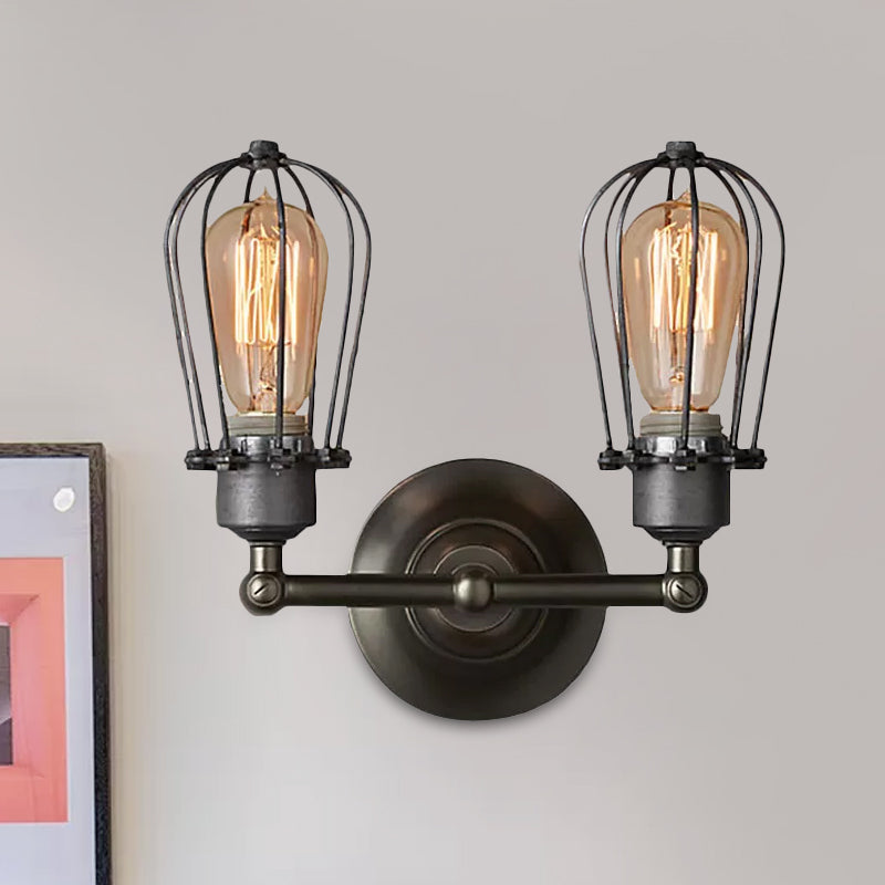 Industrial Style Caged Wall Sconce Lighting with Bulb Shade 2 Lights Metal Mini Wall Light in Copper/Aged Silver Clearhalo 'Art deco wall lights' 'Cast Iron' 'Glass' 'Industrial wall lights' 'Industrial' 'Middle century wall lights' 'Modern' 'Rustic wall lights' 'Tiffany' 'Traditional wall lights' 'Wall Lamps & Sconces' 'Wall Lights' Lighting' 679081