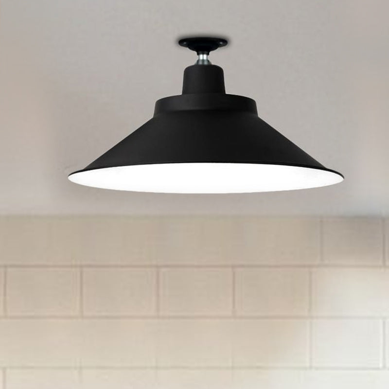 12"/16"/19.5" Wide Cone Metal Ceiling Lighting Industrial Style 1 Head Balcony Semi Flush Mount Lighting in Black Clearhalo 'Ceiling Lights' 'Close To Ceiling Lights' 'Close to ceiling' 'Flush mount' 'Industrial Flush Mount' Lighting' 679085