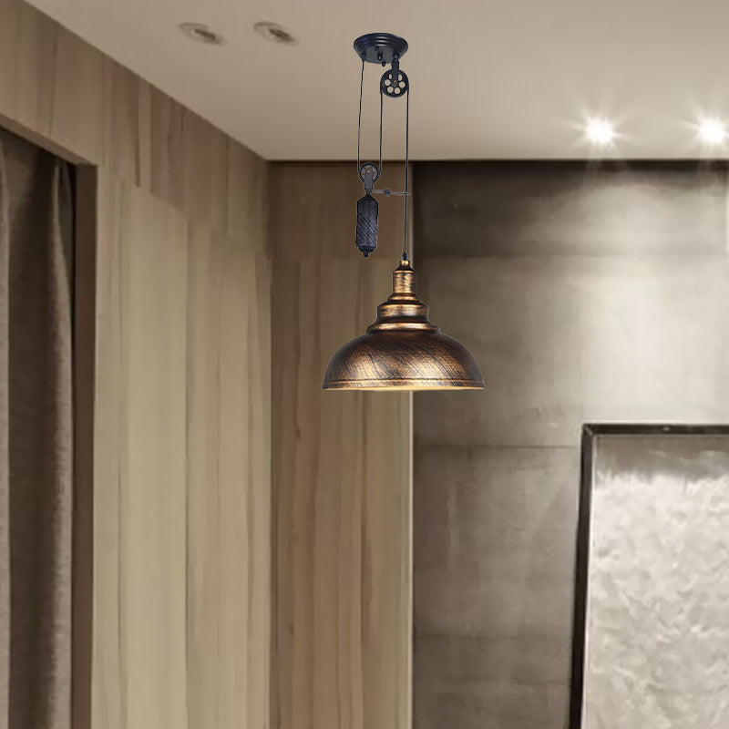 Rustic Industrial Dome Hanging Lamp with Pulley 1 Light Metal Pendant Light Fixture in Brown/Grey for Living Room Clearhalo 'Art Deco Pendants' 'Cast Iron' 'Ceiling Lights' 'Ceramic' 'Crystal' 'Industrial Pendants' 'Industrial' 'Metal' 'Middle Century Pendants' 'Pendant Lights' 'Pendants' 'Tiffany' Lighting' 679221