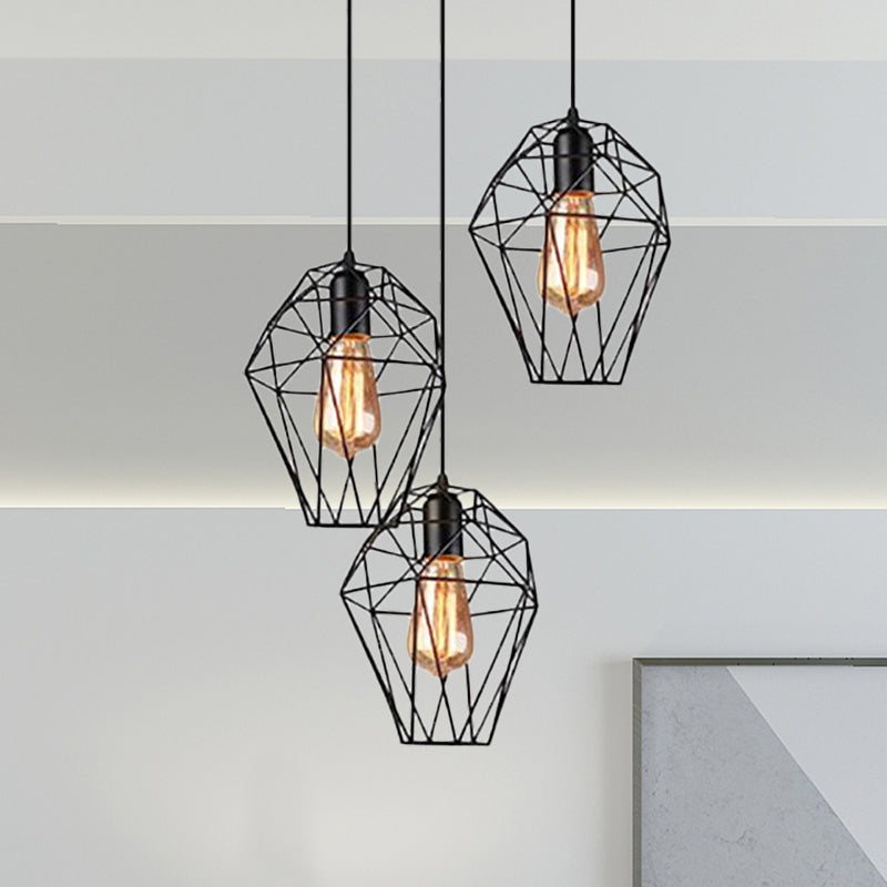 Metallic Black Suspended Light Geometric 3 Bulbs Vintage Ceiling Pendant Lamp with Cage Shade and Round/Linear Canopy Clearhalo 'Art Deco Pendants' 'Black' 'Cast Iron' 'Ceiling Lights' 'Ceramic' 'Crystal' 'Industrial Pendants' 'Industrial' 'Metal' 'Middle Century Pendants' 'Pendant Lights' 'Pendants' 'Rustic Pendants' 'Tiffany' Lighting' 679257