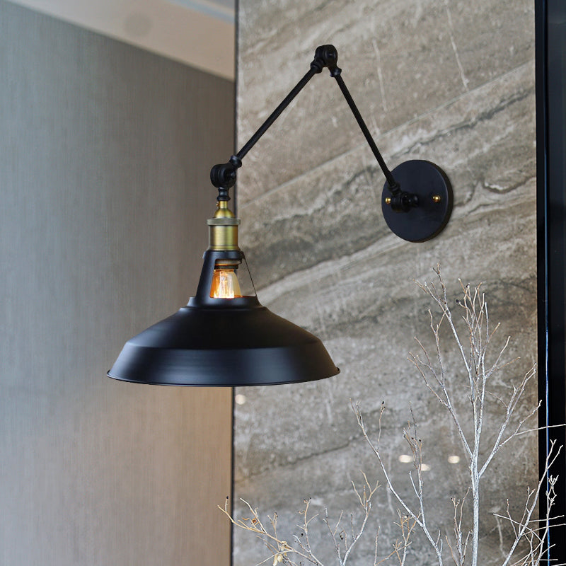 Black/Rust Barn Shade Wall Sconce Industrial Metallic 1 Light Study Room Wall Mount Light with Swing Arm Clearhalo 'Art deco wall lights' 'Cast Iron' 'Glass' 'Industrial wall lights' 'Industrial' 'Middle century wall lights' 'Modern' 'Rustic wall lights' 'Tiffany' 'Traditional wall lights' 'Wall Lamps & Sconces' 'Wall Lights' Lighting' 679463