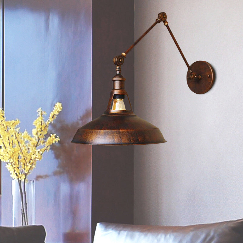 Black/Rust Barn Shade Wall Sconce Industrial Metallic 1 Light Study Room Wall Mount Light with Swing Arm Clearhalo 'Art deco wall lights' 'Cast Iron' 'Glass' 'Industrial wall lights' 'Industrial' 'Middle century wall lights' 'Modern' 'Rustic wall lights' 'Tiffany' 'Traditional wall lights' 'Wall Lamps & Sconces' 'Wall Lights' Lighting' 679464