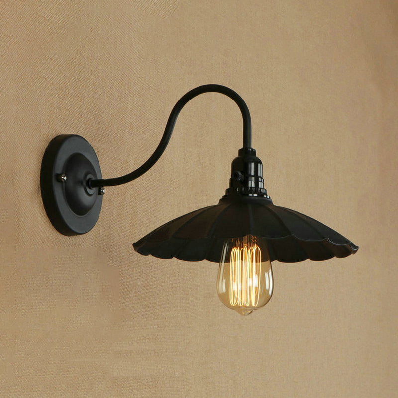 Gooseneck Living Room Wall Mount Light with Scalloped Shade Industrial Metal 1 Bulb Black Wall Sconce, 10"/13" Dia Clearhalo 'Art deco wall lights' 'Cast Iron' 'Glass' 'Industrial wall lights' 'Industrial' 'Middle century wall lights' 'Modern' 'Rustic wall lights' 'Tiffany' 'Traditional wall lights' 'Wall Lamps & Sconces' 'Wall Lights' Lighting' 679465