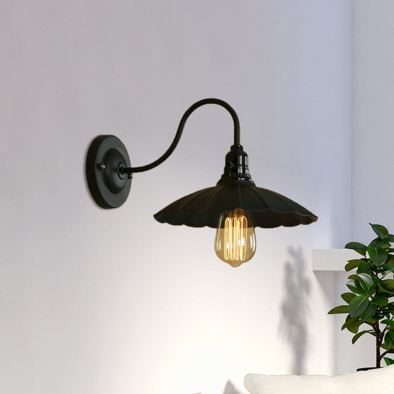 Gooseneck Living Room Wall Mount Light with Scalloped Shade Industrial Metal 1 Bulb Black Wall Sconce, 10"/13" Dia Clearhalo 'Art deco wall lights' 'Cast Iron' 'Glass' 'Industrial wall lights' 'Industrial' 'Middle century wall lights' 'Modern' 'Rustic wall lights' 'Tiffany' 'Traditional wall lights' 'Wall Lamps & Sconces' 'Wall Lights' Lighting' 679466