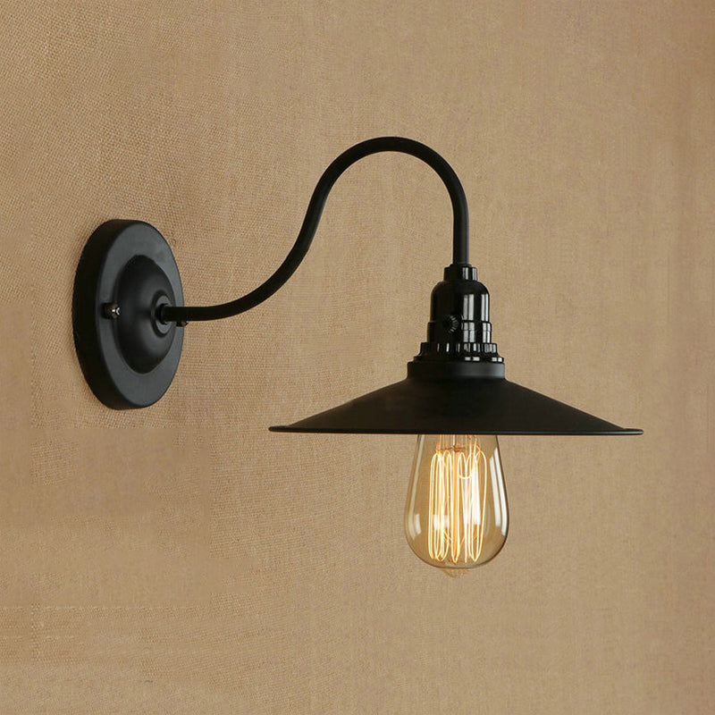 Black Flat Shade Wall Lighting Industrial Style Metallic 1 Head Living Room Wall Light Sconce, 7"/8.5" Width Clearhalo 'Art deco wall lights' 'Cast Iron' 'Glass' 'Industrial wall lights' 'Industrial' 'Middle century wall lights' 'Modern' 'Rustic wall lights' 'Tiffany' 'Traditional wall lights' 'Wall Lamps & Sconces' 'Wall Lights' Lighting' 679468