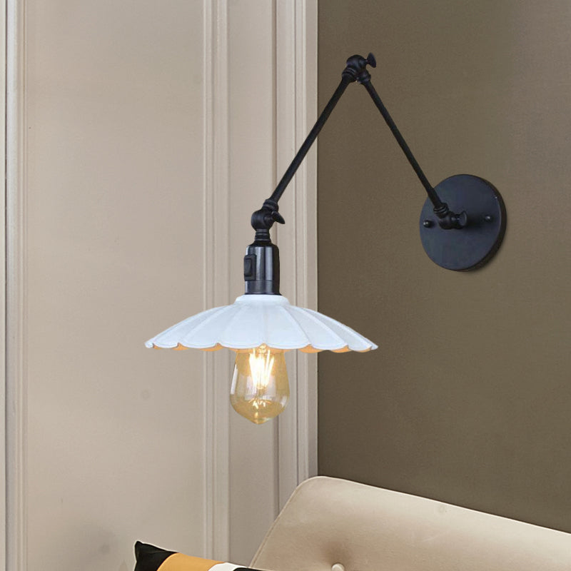 Black/White Scalloped Wall Light with Swing Arm Vintage Stylish Metal 1 Bulb Living Room Wall Sconce Lighting Clearhalo 'Art deco wall lights' 'Cast Iron' 'Glass' 'Industrial wall lights' 'Industrial' 'Middle century wall lights' 'Modern' 'Rustic wall lights' 'Tiffany' 'Traditional wall lights' 'Wall Lamps & Sconces' 'Wall Lights' Lighting' 679537