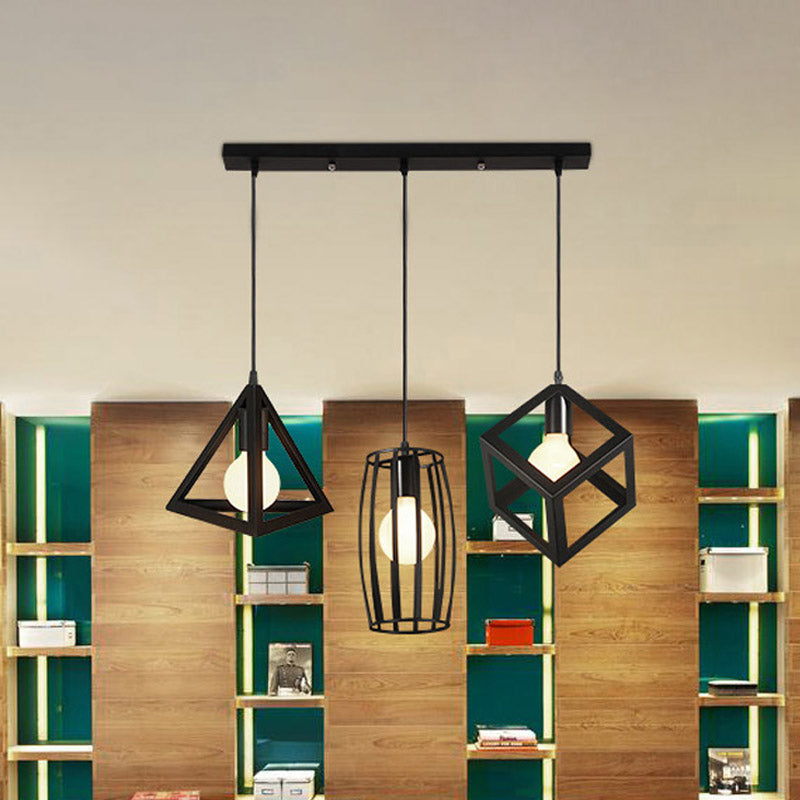 3 Heads Pendant Lighting with Different Cage Shade Metal Retro Stylish Kitchen Hanging Lamp in Black, Round/Linear Canopy Clearhalo 'Art Deco Pendants' 'Black' 'Cast Iron' 'Ceiling Lights' 'Ceramic' 'Crystal' 'Industrial Pendants' 'Industrial' 'Metal' 'Middle Century Pendants' 'Pendant Lights' 'Pendants' 'Rustic Pendants' 'Tiffany' Lighting' 679552