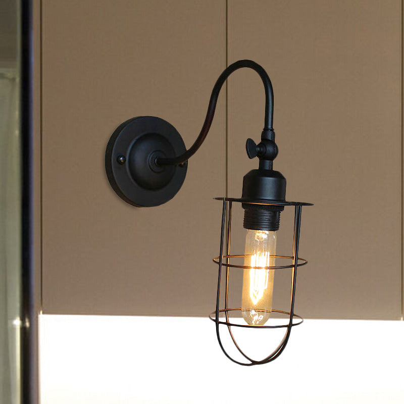 Black Globe/Oval Cage Wall Mount Light with Gooseneck Arm Retro Style Metallic 1 Head Bedroom Mini Wall Lamp Clearhalo 'Art deco wall lights' 'Cast Iron' 'Glass' 'Industrial wall lights' 'Industrial' 'Middle century wall lights' 'Modern' 'Rustic wall lights' 'Tiffany' 'Traditional wall lights' 'Wall Lamps & Sconces' 'Wall Lights' Lighting' 679592