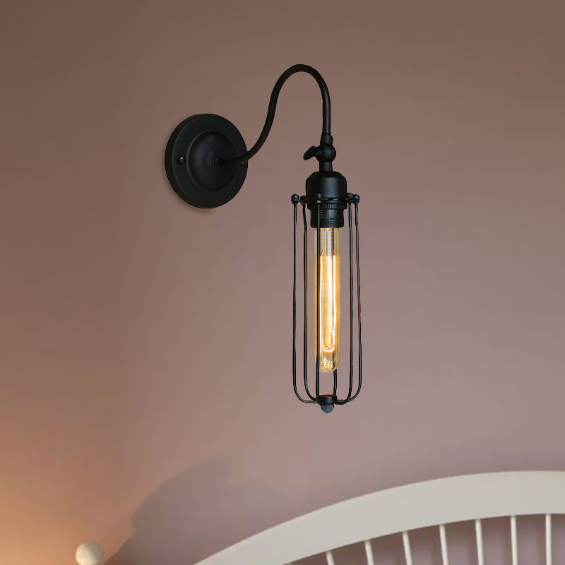 Black Globe/Oval Cage Wall Mount Light with Gooseneck Arm Retro Style Metallic 1 Head Bedroom Mini Wall Lamp Clearhalo 'Art deco wall lights' 'Cast Iron' 'Glass' 'Industrial wall lights' 'Industrial' 'Middle century wall lights' 'Modern' 'Rustic wall lights' 'Tiffany' 'Traditional wall lights' 'Wall Lamps & Sconces' 'Wall Lights' Lighting' 679594