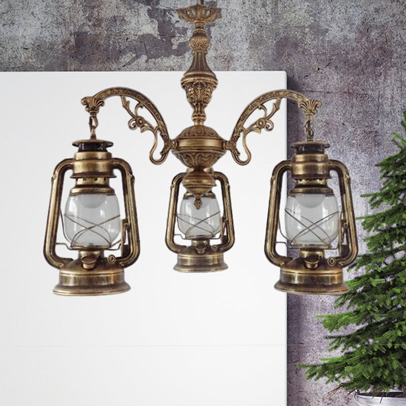 Clear Glass Black/Silver/Red Chandelier Light Lantern 3-Light Industrial Pendant Lamp for Kitchen Clearhalo 'Cast Iron' 'Ceiling Lights' 'Chandeliers' 'Industrial Chandeliers' 'Industrial' 'Metal' 'Middle Century Chandeliers' 'Rustic Chandeliers' 'Tiffany' Lighting' 679614