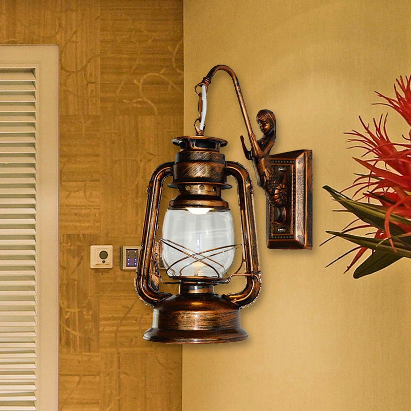 Antique Bronze Kerosene Wall Lighting Industrial Clear Glass 1 Light Living Room Sconce Light Fixture, 13"/14"/16" Clearhalo 'Art deco wall lights' 'Cast Iron' 'Glass' 'Industrial wall lights' 'Industrial' 'Middle century wall lights' 'Modern' 'Rustic wall lights' 'Tiffany' 'Traditional wall lights' 'Wall Lamps & Sconces' 'Wall Lights' Lighting' 679639
