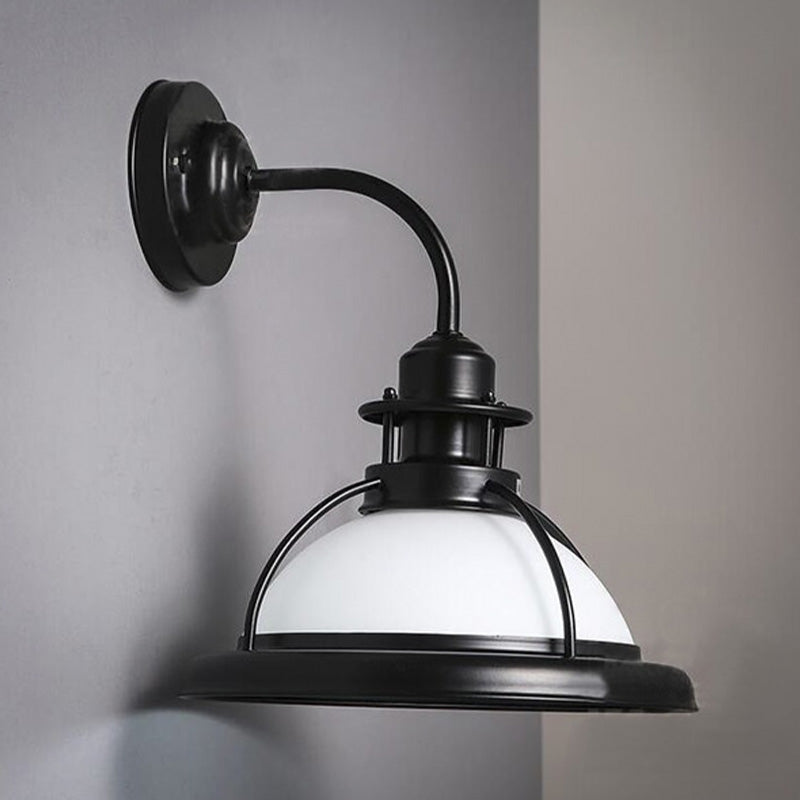 Dome White/Green Glass Wall Mounted Lamp Industrial Single Bulb Bedroom Sconce Light in Black with Curved Arm Clearhalo 'Art deco wall lights' 'Cast Iron' 'Glass' 'Industrial wall lights' 'Industrial' 'Middle century wall lights' 'Modern' 'Rustic wall lights' 'Tiffany' 'Traditional wall lights' 'Wall Lamps & Sconces' 'Wall Lights' Lighting' 679641