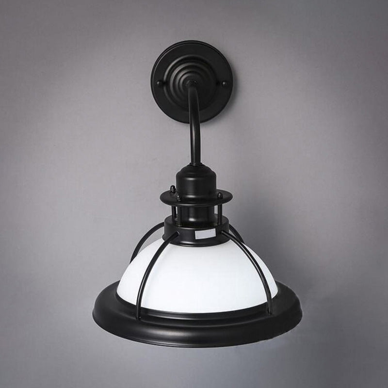 Dome White/Green Glass Wall Mounted Lamp Industrial Single Bulb Bedroom Sconce Light in Black with Curved Arm Clearhalo 'Art deco wall lights' 'Cast Iron' 'Glass' 'Industrial wall lights' 'Industrial' 'Middle century wall lights' 'Modern' 'Rustic wall lights' 'Tiffany' 'Traditional wall lights' 'Wall Lamps & Sconces' 'Wall Lights' Lighting' 679642