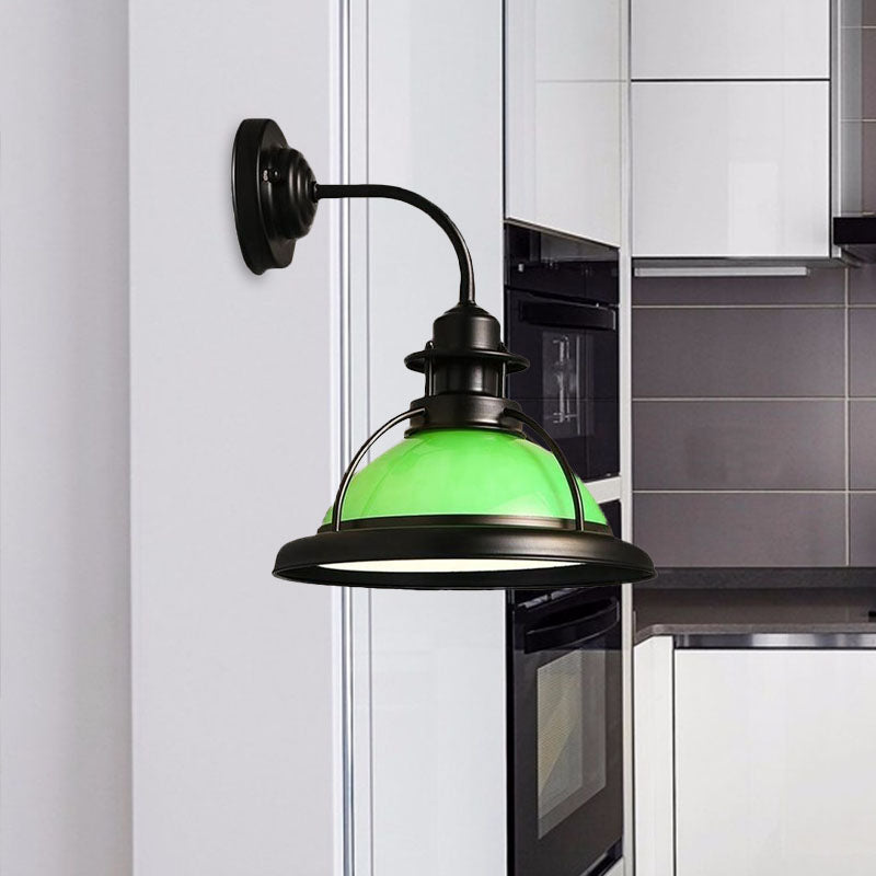 Dome White/Green Glass Wall Mounted Lamp Industrial Single Bulb Bedroom Sconce Light in Black with Curved Arm Clearhalo 'Art deco wall lights' 'Cast Iron' 'Glass' 'Industrial wall lights' 'Industrial' 'Middle century wall lights' 'Modern' 'Rustic wall lights' 'Tiffany' 'Traditional wall lights' 'Wall Lamps & Sconces' 'Wall Lights' Lighting' 679644