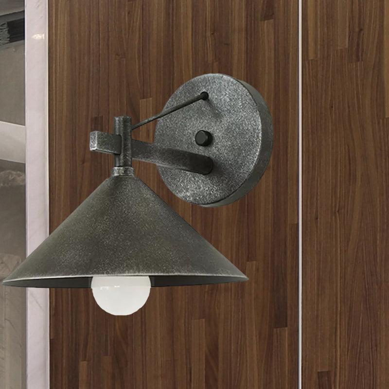 1 Light Metal Wall Sconce Light Industrial Aged Silver/Bronze Cone Dining Room Lighting Fixture Clearhalo 'Art deco wall lights' 'Cast Iron' 'Glass' 'Industrial wall lights' 'Industrial' 'Middle century wall lights' 'Modern' 'Rustic wall lights' 'Tiffany' 'Traditional wall lights' 'Wall Lamps & Sconces' 'Wall Lights' Lighting' 679728