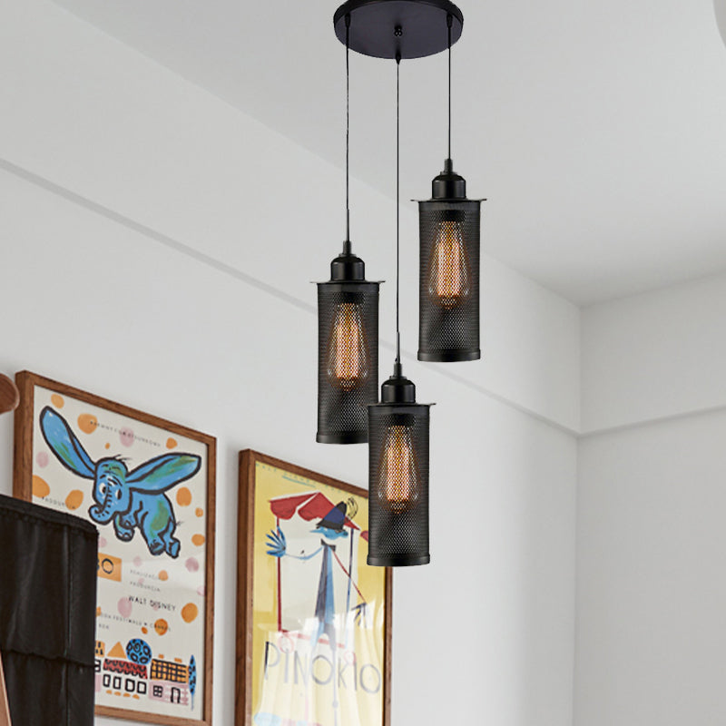 3/8 Bulbs Pendant Light with Cylinder Mesh Shade Metal Vintage Stylish Kitchen Ceiling Fixture in Black, Round/Linear Canopy Clearhalo 'Art Deco Pendants' 'Black' 'Cast Iron' 'Ceiling Lights' 'Ceramic' 'Crystal' 'Industrial Pendants' 'Industrial' 'Metal' 'Middle Century Pendants' 'Pendant Lights' 'Pendants' 'Rustic Pendants' 'Tiffany' Lighting' 679754