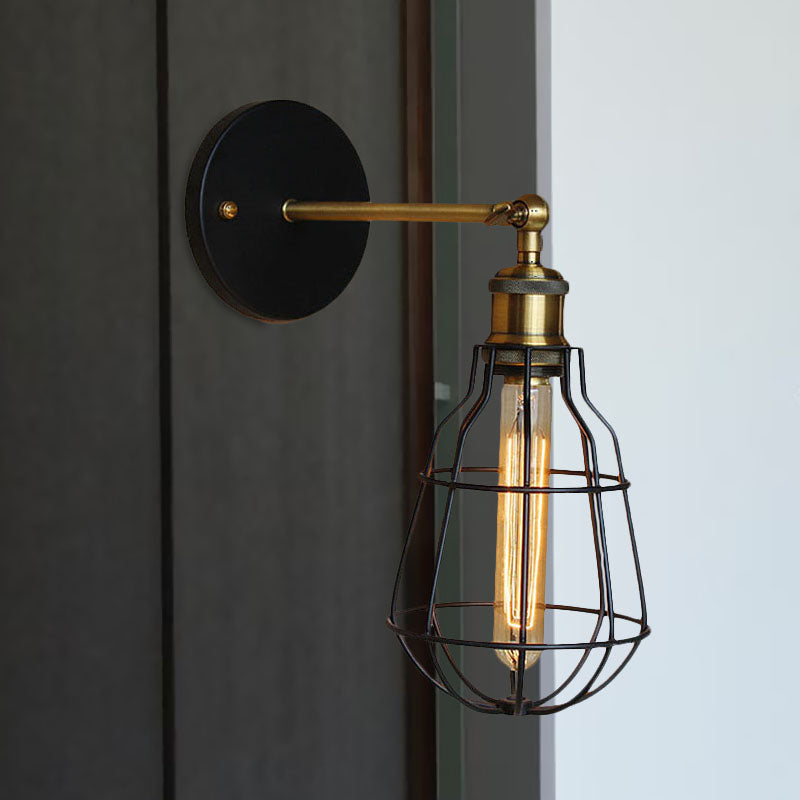 1 Head Cylinder/Teardrop Caged Wall Mount Lighting Industrial Black Metal Mini Wall Light Fixture for Bedroom Clearhalo 'Art deco wall lights' 'Cast Iron' 'Glass' 'Industrial wall lights' 'Industrial' 'Middle century wall lights' 'Modern' 'Rustic wall lights' 'Tiffany' 'Traditional wall lights' 'Wall Lamps & Sconces' 'Wall Lights' Lighting' 679784