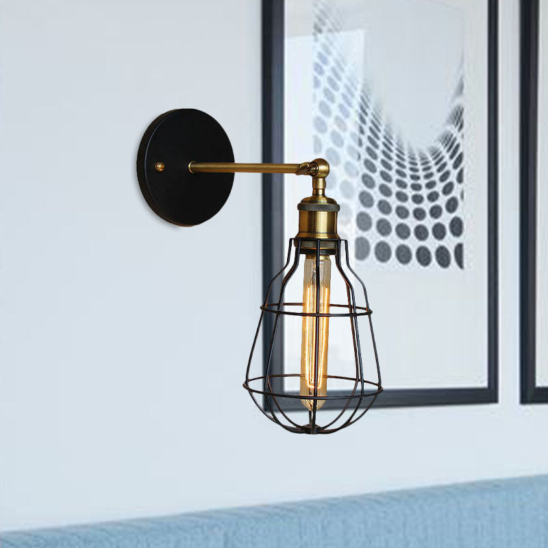 1 Head Cylinder/Teardrop Caged Wall Mount Lighting Industrial Black Metal Mini Wall Light Fixture for Bedroom Clearhalo 'Art deco wall lights' 'Cast Iron' 'Glass' 'Industrial wall lights' 'Industrial' 'Middle century wall lights' 'Modern' 'Rustic wall lights' 'Tiffany' 'Traditional wall lights' 'Wall Lamps & Sconces' 'Wall Lights' Lighting' 679785